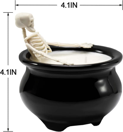 Skeleton in witch's cauldron candle